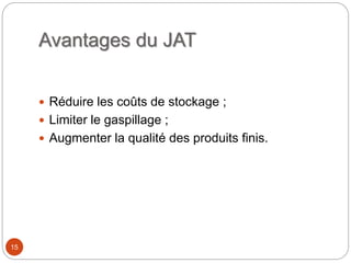 Avantages du JAT
 Réduire les coûts de stockage ;
 Limiter le gaspillage ;
 Augmenter la qualité des produits finis.
15
 