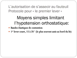 L’autorisation de s’asseoir au fauteuil Protocole pour « le premier lever » Moyens simples limitant l’hypotension orthostatique: Bandes élastiques de contention 1 er  lever court, 15 à 20 ‘ (le plus souvent assis au bord du lit) 