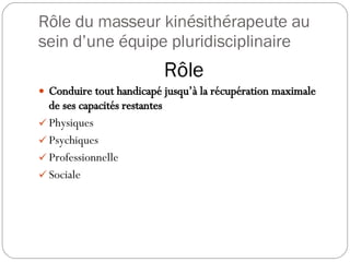 Rôle du masseur kinésithérapeute au sein d’une équipe pluridisciplinaire Rôle Conduire tout handicapé jusqu’à la récupération maximale de ses capacités restantes Physiques Psychiques Professionnelle Sociale 
