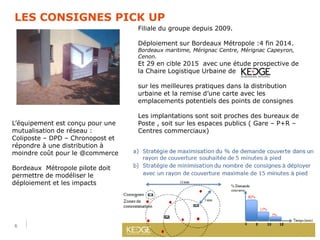 6
Filiale du groupe depuis 2009.
Déploiement sur Bordeaux Métropole :4 fin 2014.
Bordeaux maritime, Mérignac Centre, Mérignac Capeyron,
Cenon.
Et 29 en cible 2015 avec une étude prospective de
la Chaire Logistique Urbaine de
sur les meilleures pratiques dans la distribution
urbaine et la remise d’une carte avec les
emplacements potentiels des points de consignes
Les implantations sont soit proches des bureaux de
Poste , soit sur les espaces publics ( Gare – P+R –
Centres commerciaux)
L’équipement est conçu pour une
mutualisation de réseau :
Coliposte – DPD – Chronopost et
répondre à une distribution à
moindre coût pour le @commerce
Bordeaux Métropole pilote doit
permettre de modéliser le
déploiement et les impacts
LES CONSIGNES PICK UP
 