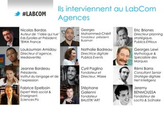 Ils interviennent au LabCom
Agences
Nicolas Bordas

Georges
Mohammed-Chérif

Eric Briones

Fondateur président,
Buzzman

Directeur planning
stratégique,
Publicis EtNous

Loukouman Amidou

Nathalie Badreau

Georges Lewi

Jeanne Bordeau

Cyril Paglino

Rémi Barra

Fabrice Epelboin

Stéphane
Galienni

Jeremy
BENMOUSSA

Auteur de ‘l’idée qui tue’
Eds Eyrolles et Président,
TBWA France
Directeur d’agence,
Mediaventilo

Présidente,
Institut du langage et de
l’expression
Expert Web social &
Enseignant,
Sciences Po

Directrice digitale
Publicis Events

Fondateur et
Directeur, Wizee

Fondateur
BALISTIK’ART

Mythologue &
Spécialiste des
Marques

Consultant Senior
Stratégie digitale
Net Intelligenz

Fondateur de
Locita & SoShake

 