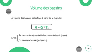 Volumedes bassins
Le volume des bassins est calculé à partir de la formule :
V = Q * Ts
Ts : temps de séjour de l'influent dans le bassin(jours)
Avec
Q : le débit d'entrée (𝒎𝟑/jours )
16
 