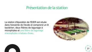 Présentationdelastation
La station d'épuration de l'EIER est située
dans l'enceinte de l'école et comprend un lit
bactérien, deux filières de lagunage à
microphytes et une filière de lagunage
macrophytes à laitues d’eau.
21
 