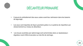 DÉCANTEURPRIMAIRE
• Il assure le prétraitement des eaux usées avant leur admission dans les bassins
de lagunage .
• Les eaux sont réparties de façon gravitaire grâce à un système de répartition par
cloisonnement au niveau du décanteur.
• Les boues soutirées par siphonnage sont acheminées dans un épaississeur-
digesteur avant d'être évacuées sur des lits de séchage.
23
 