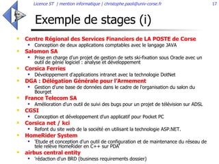 Exemple de stages (i) ,[object Object],[object Object],[object Object],[object Object],[object Object],[object Object],[object Object],[object Object],[object Object],[object Object],[object Object],[object Object],[object Object],[object Object],[object Object],[object Object],[object Object],[object Object]