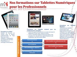 Nos formations sur Tablettes Numériques
                 pour les Professionnels




                                                                                        Formations sur Tablettes
                                                                                        Windows :
                                                                                        «Windows pour tablette
                              Formations sur Tablettes Android pour les                 propose des choix
                              professionnels, exemples :                                ergonomiques tels que
Formations sur IPAD :         • Cisco Cius peut se transformer en poste de travail et   l’utilisation d’un stylet pour la
Gestion de licences en           téléphone IP avec dock, clavier et souris              reconnaissance de l’écriture, la
volume avec la version        • Lenovo ThinkPad Tablet et Samsung Galaxy Tab,           saisie d’une signature et une
professionnelle de l’App         possèdent en standard des outils de lecture et de      intégration dans le réseau
Store pour Ipad.                 modification des documents Office                      Windows de l’entreprise via
Utilisation / modification/                                                             l’Active Directory.»
sauvegarde de données.
Présentations ou
échanges d’informations
 