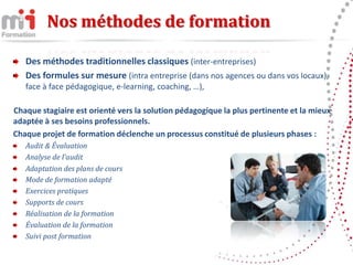 Nos méthodes de formation

   Des méthodes traditionnelles classiques (inter-entreprises)
   Des formules sur mesure (intra entreprise (dans nos agences ou dans vos locaux),
   face à face pédagogique, e-learning, coaching, …),

Chaque stagiaire est orienté vers la solution pédagogique la plus pertinente et la mieux
adaptée à ses besoins professionnels.
Chaque projet de formation déclenche un processus constitué de plusieurs phases :
   Audit & Évaluation
   Analyse de l'audit
   Adaptation des plans de cours
   Mode de formation adapté
   Exercices pratiques
   Supports de cours
   Réalisation de la formation
   Évaluation de la formation
   Suivi post formation
 