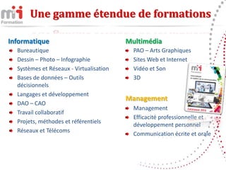 Une gamme étendue de formations

Informatique                             Multimédia
  Bureautique                              PAO – Arts Graphiques
  Dessin – Photo – Infographie             Sites Web et Internet
  Systèmes et Réseaux - Virtualisation     Vidéo et Son
  Bases de données – Outils                3D
  décisionnels
  Langages et développement
                                         Management
  DAO – CAO
                                           Management
  Travail collaboratif
                                           Efficacité professionnelle et
  Projets, méthodes et référentiels
                                           développement personnel
  Réseaux et Télécoms
                                           Communication écrite et orale
 