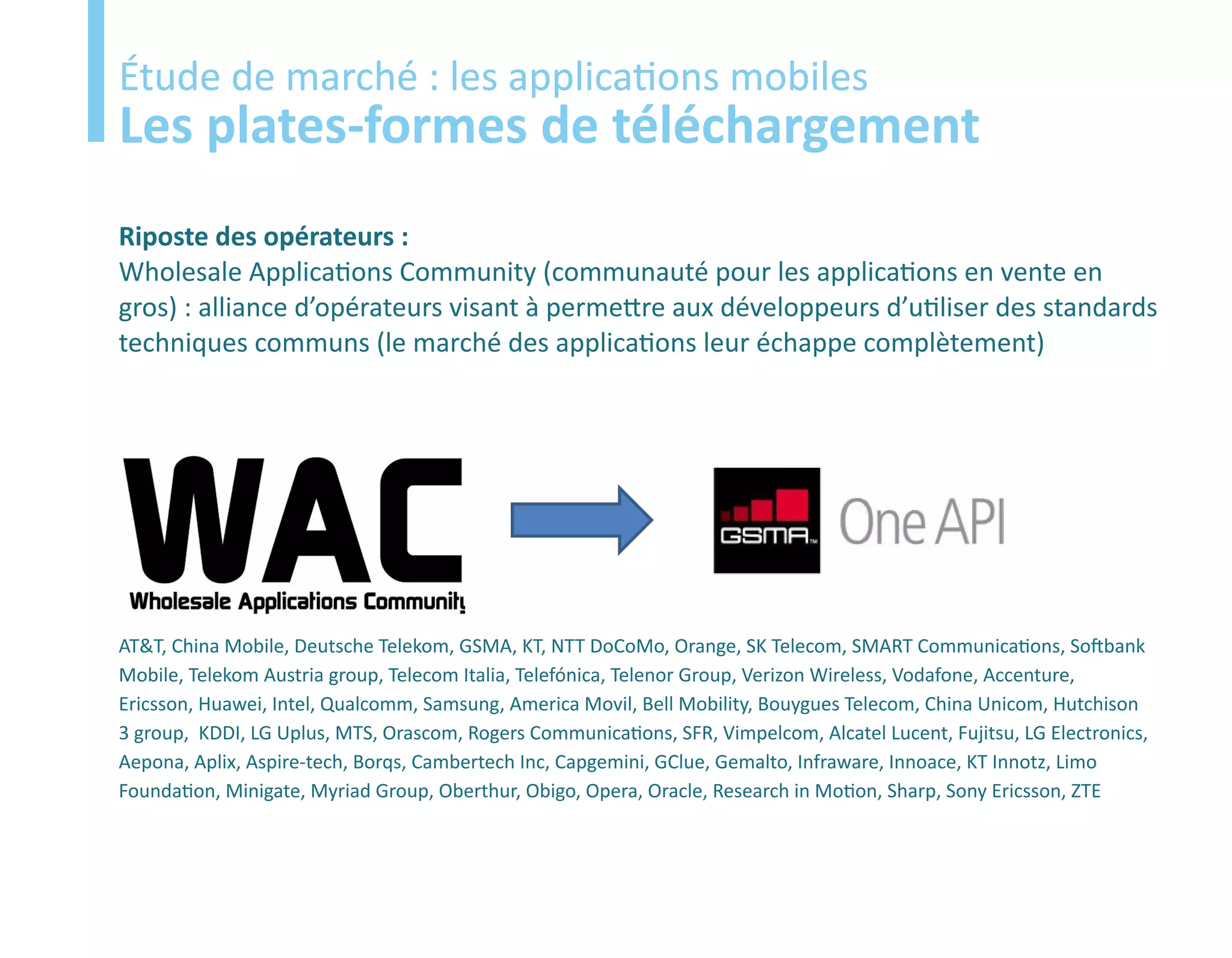 Etude
Étude de marché : les applications mobiles
Les plates-formes de téléchargement
Riposte des opérateurs :
Wholesale Applications Community (communauté pour les applications en vente en
gros) : alliance d’opérateurs visant à permettre aux développeurs d’utiliser des standards
techniques communs (le marché des applications leur échappe complètement)




AT&T, China Mobile, Deutsche Telekom, GSMA, KT, NTT DoCoMo, Orange, SK Telecom, SMART Communications, Softbank
Mobile, Telekom Austria group, Telecom Italia, Telefónica, Telenor Group, Verizon Wireless, Vodafone, Accenture,
Ericsson, Huawei, Intel, Qualcomm, Samsung, America Movil, Bell Mobility, Bouygues Telecom, China Unicom, Hutchison
3 group, KDDI, LG Uplus, MTS, Orascom, Rogers Communications, SFR, Vimpelcom, Alcatel Lucent, Fujitsu, LG Electronics,
Aepona, Aplix, Aspire-tech, Borqs, Cambertech Inc, Capgemini, GClue, Gemalto, Infraware, Innoace, KT Innotz, Limo
Foundation, Minigate, Myriad Group, Oberthur, Obigo, Opera, Oracle, Research in Motion, Sharp, Sony Ericsson, ZTE
 