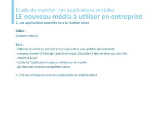 Etude
Étude de marché : les applications mobiles
LE nouveau média à utiliser en entreprise
2. Les applications tournées vers la relation client

Cibles :
Consommateurs

Buts :
- fidéliser le client en entrant encore plus dans une relation de proximité
- nouveau moyen d’interagir avec la marque, d’accéder à des services ou une info
- facilité d’accès
- icône de l’application toujours visible sur le mobile
- générer des revenus complémentaires

> 19% des entreprises ont une application de relation-client
 