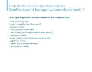 Etude
Étude de marché : les applications mobiles
Quelles seront les applications de demain ?
Les 10 types d’applications mobiles qui seront les plus utilisées en 2012 :
- Les transferts d’argent
- Les services géolocalisés de proximité
- Le search mobile
- La navigation internet mobile
- Le monitoring de la santé (surveillance des patients)
- Le paiement mobile
- Les services de communication en champ proche
- La publicité mobile
- La messagerie instantanée mobile
- La musique sur mobile
 