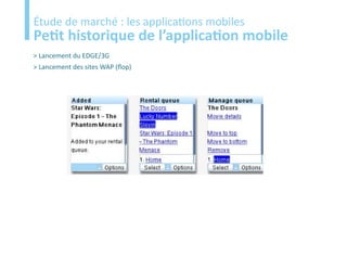Etude
Étude de marché : les applications mobiles
Petit historique de l’application mobile
> Lancement du EDGE/3G
> Lancement des sites WAP (flop)
 