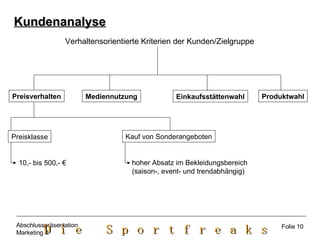 Verhaltensorientierte Kriterien der Kunden/Zielgruppe Preisverhalten Mediennutzung Einkaufsstättenwahl Produktwahl Preisklasse Kauf von Sonderangeboten 10,- bis 500,- € hoher Absatz im Bekleidungsbereich (saison-, event- und trendabhängig) Kundenanalyse Folie 10 