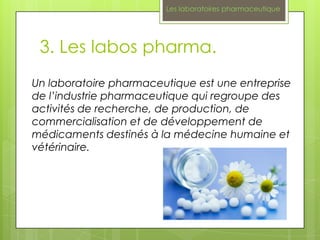 Les laboratoires pharmaceutique




 3. Les labos pharma.
Un laboratoire pharmaceutique est une entreprise
de l’industrie pharmaceutique qui regroupe des
activités de recherche, de production, de
commercialisation et de développement de
médicaments destinés à la médecine humaine et
vétérinaire.
 