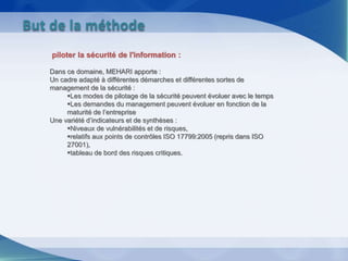 piloter la sécurité de l'information :
Dans ce domaine, MEHARI apporte :
Un cadre adapté à différentes démarches et différentes sortes de
management de la sécurité :
Les modes de pilotage de la sécurité peuvent évoluer avec le temps
Les demandes du management peuvent évoluer en fonction de la
maturité de l’entreprise
Une variété d’indicateurs et de synthèses :
Niveaux de vulnérabilités et de risques,
relatifs aux points de contrôles ISO 17799:2005 (repris dans ISO
27001),
tableau de bord des risques critiques.
But de la méthode
 