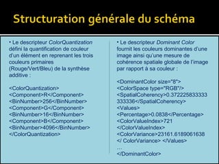 Le descripteur  ColorQuantization  défini la quantification de couleur d’un élément en reprenant les trois couleurs primaires (Rouge/Vert/Bleu) de la synthèse additive :   <ColorQuantization> <Component>R</Component> <BinNumber>256</BinNumber> <Component>G</Component> <BinNumber>16</BinNumber> <Component>B</Component> <BinNumber>4096</BinNumber> </ColorQuantization> Le descripteur  Dominant Color  fournit les couleurs dominantes d’une image ainsi qu’une mesure de cohérence spatiale globale de l’image par rapport à sa couleur :   <DominantColor size="8"> <ColorSpace type="RGB"/> <SpatialCoherency>0.372225833333333336</SpatialCoherency> <Values> <Percentage>0.0838</Percentage> <ColorValueIndex>721 </ColorValueIndex> <ColorVariance>23161.6189061638  </ ColorVariance> </Values> … </DominantColor> 