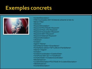 <ContentDescription> <Title>municipales 2001 B.Delanoë présente la liste du 18ème</Title> <Abstract> <KeywordAnnotation> <Keyword>POLITIQUE</Keyword> <Keyword>Paris (75)</Keyword> <Keyword>municipales</Keyword> <Keyword>2001</Keyword> <Keyword>Delanoë</Keyword> </KeywordAnnotation> </Abstract> <Creator> <Agent><Name> <GivenName>Didier</GivenName> <FamilyName abbrev="lef">Lefèvre</FamilyName> </Name></Agent> </Creator> <CreationCoordinates><CreationDate> <TimePoint>2001-02-11</TimePoint> </CreationDate></CreationCoordinates> <MediaInstance> <LocationDescription>POLITIQUE 6</LocationDescription> </MediaInstance> </ContentDescription> 