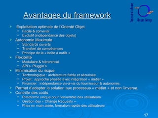 Avantages du framework Exploitation optimale de l’Orienté Objet Facile & convivial Evolutif (indépendance des objets) Autonomie Maximale Standards ouverts Transfert de compétences Principe de la « boîte à outils » Flexibilité Modulaire & hiérarchisé API’s, Pluggin’s Minimisation du risque Technologique : architecture fiable et sécurisée Projet : approche phasée avec intégration « métier » Financier : indépendance vis-à-vis du fournisseur & autonomie. Permet d’adapter la solution aux processus « métier » et non l’inverse. Contrôle des coûts Plateforme unique pour l’ensemble des utilisateurs Gestion des « Change Requests » Prise en main aisée, formation rapide des utilisateurs 