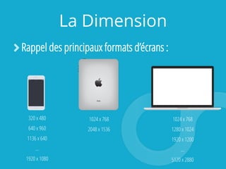 La Dimension
Rappel des principaux formats d’écrans :
320 x 480
640 x 960
1136 x 640
…
1920 x 1080
1024 x 768
2048 x 1536
1024 x 768
1280 x 1024
1920 x 1200
…
5120 x 2880
 