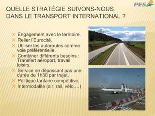 QUELLE STRATÉGIE SUIVONS-NOUS
DANS LE TRANSPORT INTERNATIONAL ?
✕ Engagement avec le territoire.
✕ Relier l’Eurocité.
✕ Utiliser les autoroutes comme
voie préférentielle.
✕ Combiner différents besoins :
Transfert aéroport, travail,
loisirs,
✕ Service ne dépassant pas une
durée de 1h30 par trajet.
✕ Politique tarifaire compétitive.
✕ Intermodalité (air, rail, vélo,…)
 
