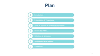 2
Plan
2 Présentation de l’organisme
3 Audit de sécurité du système d’information
4 Norme ISO 27002
5 Définition de la mission
6 Déroulement de la mission
7 Conclusion
1 Introduction
 
