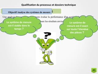 Qualification du processus et dossiers technique
Analyse des systèmes de mesure(MSA)
Une analyse des systèmes de mesure évalue la performance d'un système de mesure pour
une application donnée. Lorsqu’on mesure les résultats envisage deux sources de variation :
Variation de pièce à pièce
Variation du système de mesure
Objectif Analyse des systèmes de mesure
Le système de
mesure est-il exact
sur toute l'étendue
des pièces ?
Le système de mesure
est-il stable dans le
temps ?
43
 
