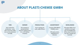 ABOUT PLASTI-CHEMIE GMBH
1995
Start of the first
production - since
then more than 2000
tons can be produced
annually.
The company is
owned by Knorr
Venture Capital Group
Inc, a US holding
company
From coatings for
roofs, walls & floors
Contains 90% MMA &
PUMMA resins
-
10% epoxy resins,
polyaspartic &
bitumen
We export 80% of our
products to Europe,
Asia, the Middle East,
Africa, South America,
the USA, Canada and
Australia
OWNER PRODUCTION ASSORTMENT WORLDWIDE
3
 