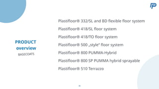 PRODUCT
overview
Plastifloor® 418/SL floor system
Plastifloor® 418/TO floor system
Plastifloor® 500 „style“ floor system
Plastifloor® 800 PUMMA-Hybrid
Plastifloor® 800 SP PUMMA hybrid sprayable
Plastifloor® 332/SL and BD flexible floor system
BASECOATS
Plastifloor® 510 Terrazzo
39
 