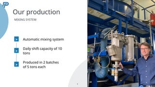 Our production
MIXING SYSTEM
>
>
>
6
Automatic mixing system
Daily shift capacity of 10
tons
Produced in 2 batches
of 5 tons each
 