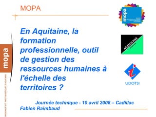 MOPA


En Aquitaine, la
formation
professionnelle, outil
de gestion des
ressources humaines à
l'échelle des
territoires ?
      Journée technique - 10 avril 2008 – Cadillac
Fabien Raimbaud
 