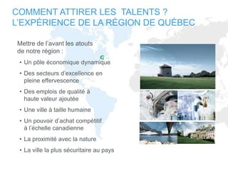 COMMENT ATTIRER LES TALENTS ?
L’EXPÉRIENCE DE LA RÉGION DE QUÉBEC

Mettre de l’avant les atouts
de notre région :
 • Un pôle économique dynamique
 • Des secteurs d’excellence en
   pleine effervescence
 • Des emplois de qualité à
   haute valeur ajoutée
 • Une ville à taille humaine
 • Un pouvoir d’achat compétitif
   à l’échelle canadienne
 • La proximité avec la nature
 • La ville la plus sécuritaire au pays
 