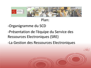 Plan: Organigramme du SCD Présentation de l’équipe du Service des Ressources Electroniques (SRE) La Gestion des Ressources Electroniques