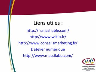 http://fr.mashable.com/ http://www.wikio.fr/ http://www.conseilsmarketing.fr/ L’atelier numérique http://www.maccilabo.com/ Liens utiles : 
