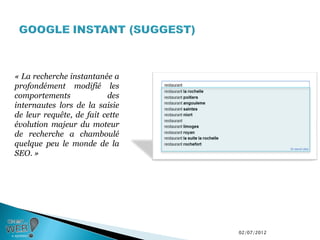 « La recherche instantanée a
profondément modifié les
comportements             des
internautes lors de la saisie
de leur requête, de fait cette
évolution majeur du moteur
de recherche a chamboulé
quelque peu le monde de la
SEO. »




                                 02/07/2012
 