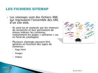    Les sitemaps sont des fichiers XML
    qui regroupent l’ensemble des URL
    d’un site web.
    ◦ Ils sont lus et analysés par les moteurs
      de recherche et leur permettent de
      mieux indexer les contenus
      (notamment les pages « solitaires » ou
      en fond de catalogue).
    ◦ Plusieurs sitemaps peuvent être
      générés en fonction des types de
      contenus :
       Page Html
       Images
       Vidéos




                                                 02/07/2012
 