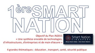 Objectif du Plan iN2015
« Une synthèse enviable de technologies,
d’infrastructures, d’entreprises et de main d’œuvre »
4 grandes thématiques : éducation , transport, santé, sécurité publique
 