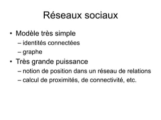 Réseaux sociauxModèle très simpleidentités connectéesgrapheTrès grande puissancenotion de position dans un réseau de relationscalcul de proximités, de connectivité, etc.