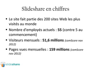 Slideshare en chiffres
• Le site fait partie des 200 sites Web les plus
visités au monde
• Nombre d'employés actuels : 55 (contre 5 au
commencement)
• Visiteurs mensuels : 51,6 millions (comScore nov
2012)

• Pages vues mensuelles : 159 millions (comScore
nov 2012)

 