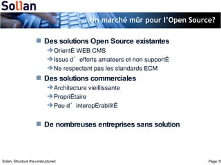 Un marché mûr pour l’Open Source? Des solutions Open Source existantes Orienté WEB CMS Issus d’efforts amateurs et non supporté Ne respectant pas les standards ECM Des solutions commerciales Architecture vieillissante Propriétaire Peu d’interopérabilité De nombreuses entreprises sans solution 