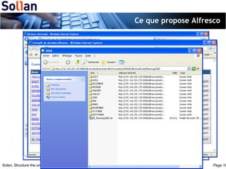 Ce que propose Alfresco Un système pour organiser et faciliter la création collaborative de documents Gérer le suivi du contenu durant tout son cycle de vie, et conserver la liste des changements effectués par tous les utilisateurs Le partage de contenu, la sécurité, la gestion de version, les circuits de validation, la notification par mail, les tableaux de bord Offrir de multiples accès (Web, FTP, WebDAV, CIFS (partage réseau), …) sans aucune installation sur le poste client. 