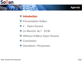 Agenda Introduction Présentation Sollan L’Open Source Le Marché de l’ECM Alfresco Editeur Open Source Conclusion Questions / Réponses 