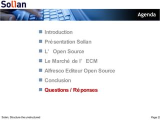 Agenda Introduction Présentation Sollan L’Open Source Le Marché de l’ECM Alfresco Editeur Open Source Conclusion Questions / Réponses 