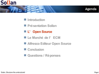 Agenda Introduction Présentation Sollan L’Open Source Le Marché de l’ECM Alfresco Editeur Open Source Conclusion Questions / Réponses 
