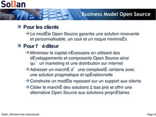 Business Model Open Source  <ul><li>Pour les clients </li></ul><ul><ul><li>Le modèle Open Source garantie une solution inn...