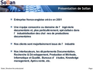 Présentation de Sollan <ul><li>Entreprise franco-anglaise créée en 2001 </li></ul><ul><li>Une équipe consacrée au domaine ...