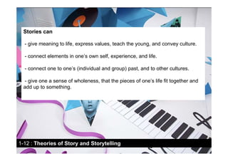 Stories can

  - give meaning to life, express values, teach the young, and convey culture.

  - connect elements in one’s...