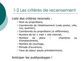 1-2 Les critères de recensement Liste des critères recensés : Nom du propriétaire, Coordonnée de l’établissement (code postal, ville, rue, quartier), Coordonnée du propriétaire (si différentes), Numéro de tel + mail + site internet, Nombre de place :  chambres ou d’emplacements, Nombre de couchage, Période d’ouverture, Taxe de séjour payée précédemment, Anticiper les publipostages ! 