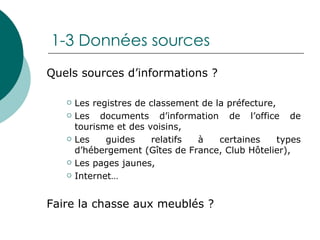1-3 Données sources Quels sources d’informations ? Les registres de classement de la préfecture, Les documents d’information de l’office de tourisme et des voisins, Les guides relatifs à certaines types d’hébergement (Gîtes de France, Club Hôtelier), Les pages jaunes, Internet… Faire la chasse aux meublés ? 