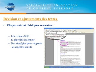 Révision et ajustements des textes  Chaque texte est révisé pour rencontrer: Les critères SEO L’approche entonnoir Nos stratégies pour supporter les objectifs du site 