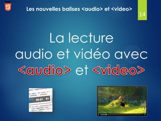 Les nouvelles balises <audio> et <video>

14

La lecture
audio et vidéo avec
et

 
